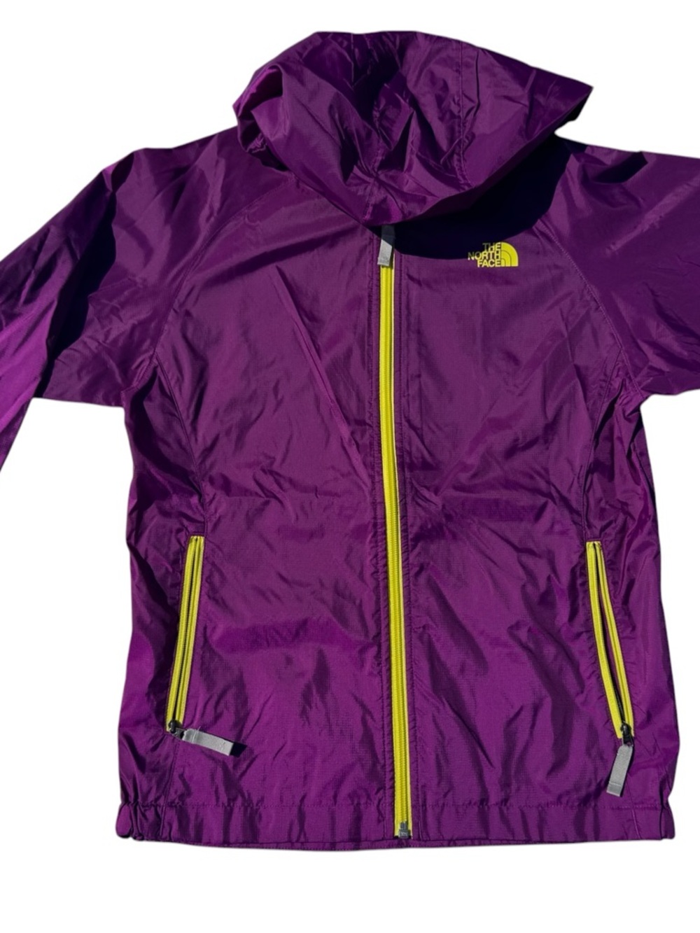 The North Face Purple Hooded Rain Jacket with Yellow Accents